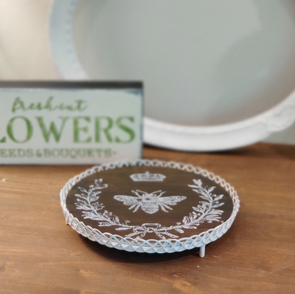 Vintage Cast Iron Plant Stand with Dual Sided Wood Art Round - Picture 5 of 7